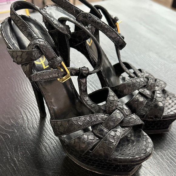 YSL Black Leather Python Tribute Platform Heels Sz 36.5 Women's Heels - Picture 1 of 9